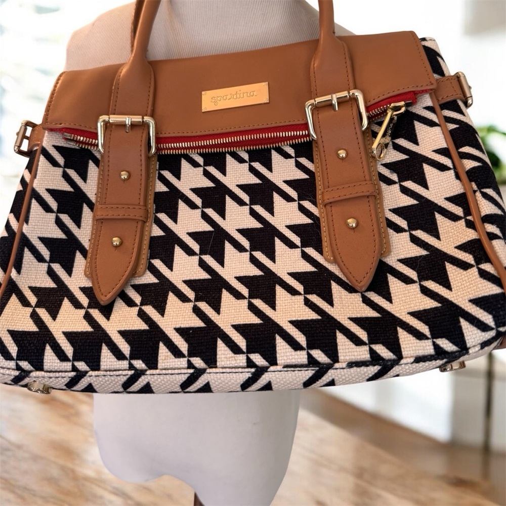 [Spartina 449] Black/White/Tan Houndstooth "Stoddard" Satchel w/Red Interior